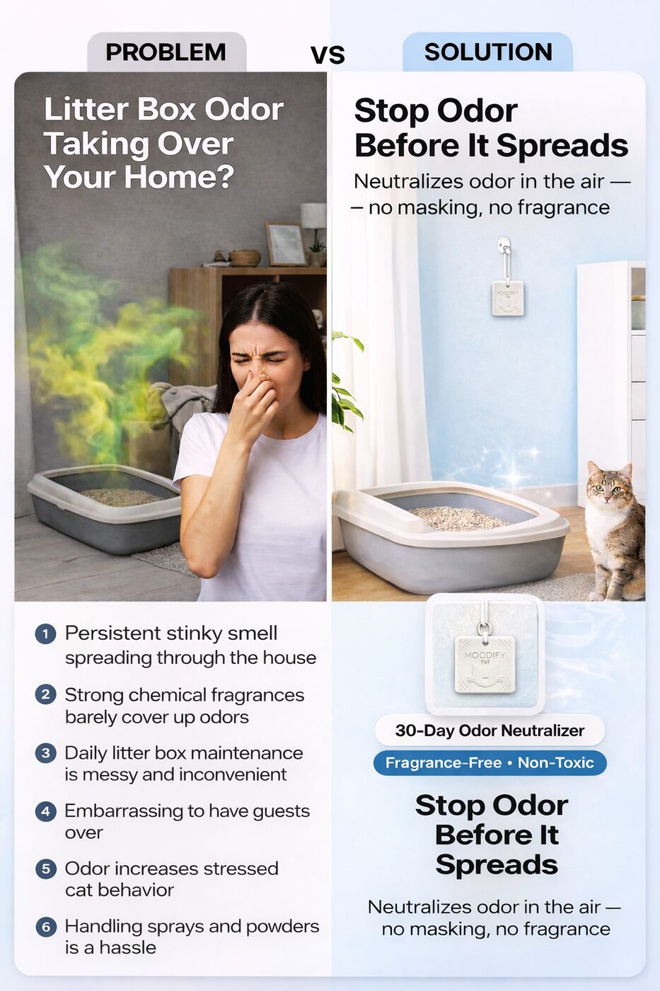 Problem vs Solution — stop litter box odor before it spreads